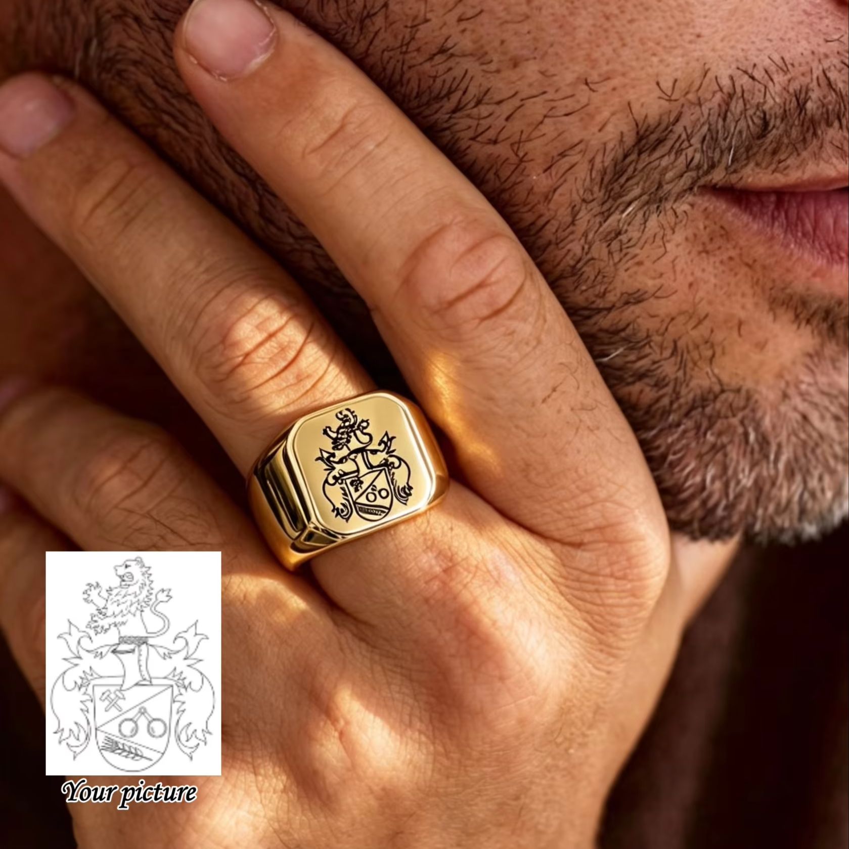 Mens Signet Ring - Custom Family Crest Signet Ring For