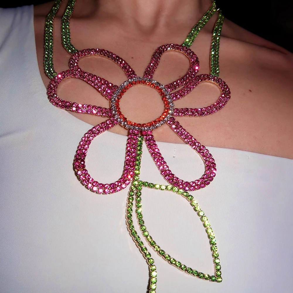 Crystal Choker Necklace - Colorful Crystal Flower Statement Necklace Shiny